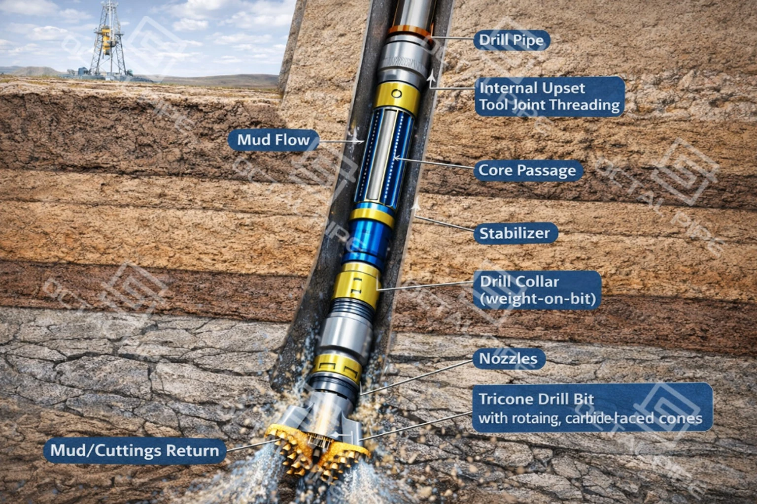 Drill String BHA Cross-Section with Tricone Bit and Mud Circulation Drill String BHA Cross-Section with Tricone Bit and Mud Circulation